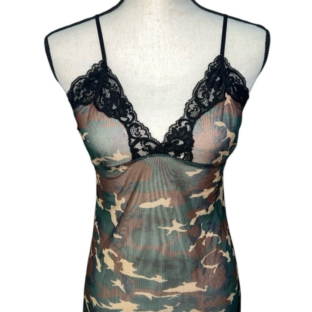 Vintage Hot Topic 90’s Y2K Sheer Camouflage Lace Trim Slip Dress / Chemise - Picture 2 of 7